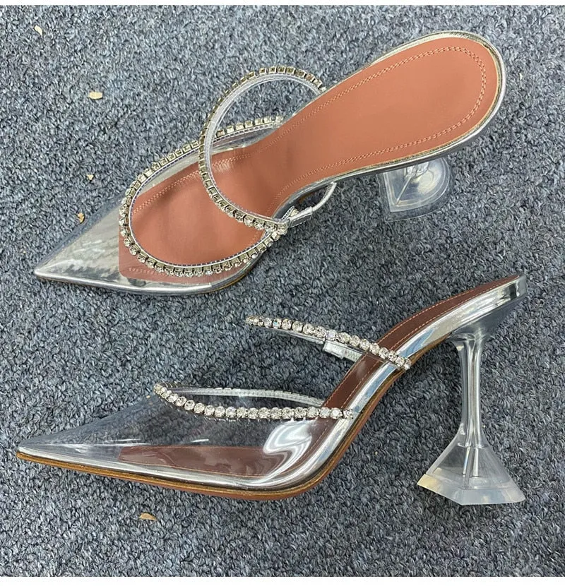 Rhinestones Satin Elegant Pointed toe High heels Lady Mules