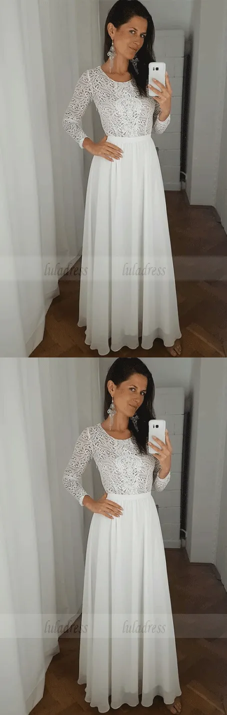 Round Neck White Chiffon Prom Party Dress with Lace Sleeves