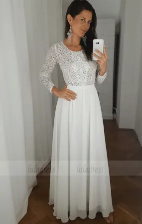 Round Neck White Chiffon Prom Party Dress with Lace Sleeves