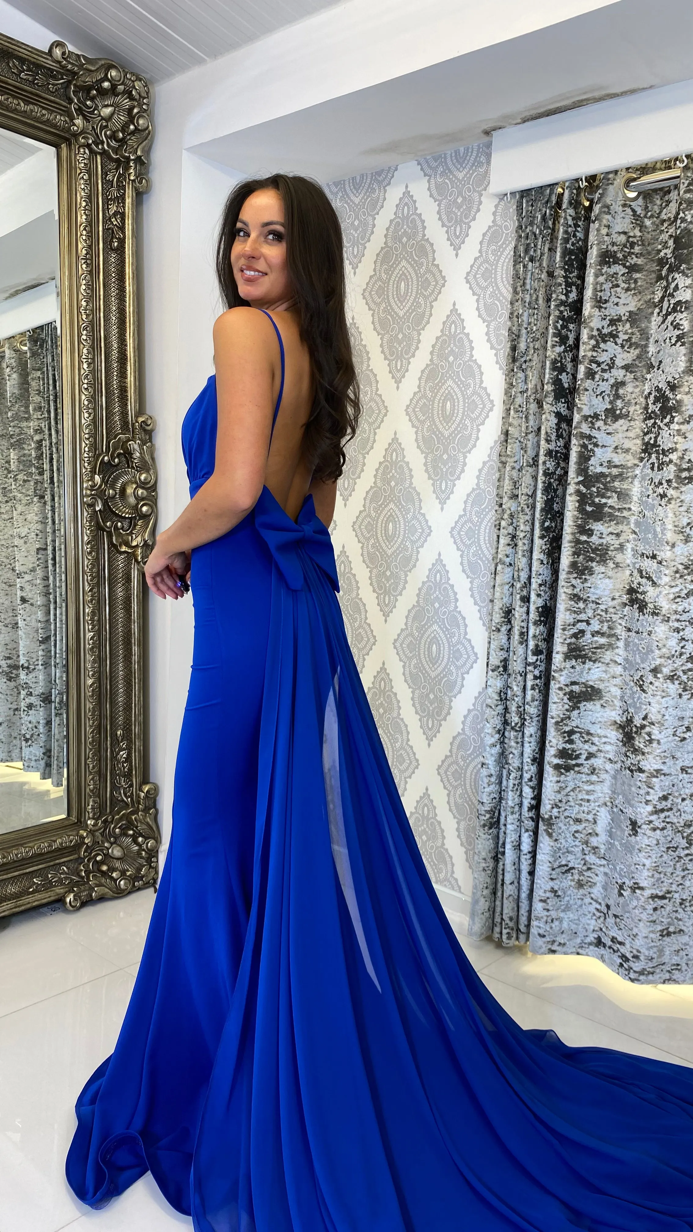 Royal Blue Bow Back Chiffon Trail Prom Dress