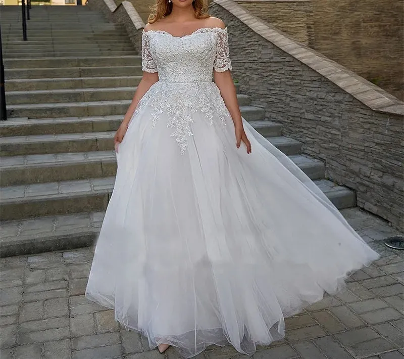 Sequined Lace/Tulle Off Shoulder Wedding Gown All Sizes/Colors