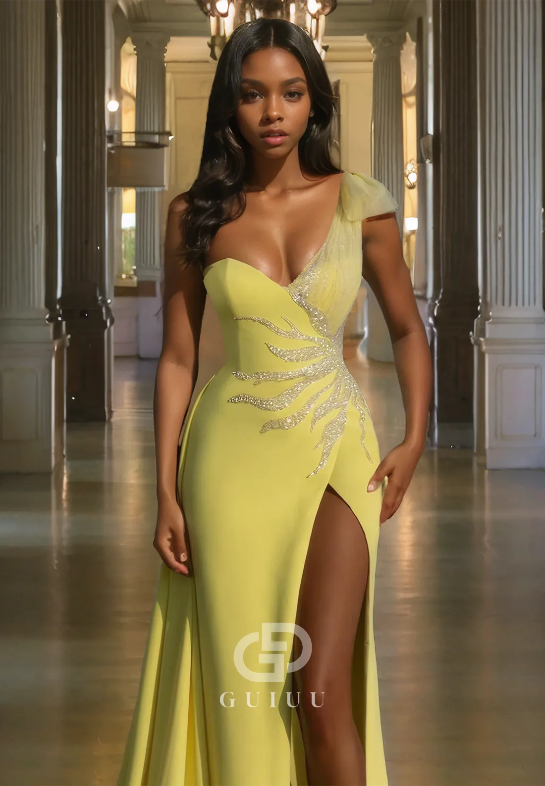 Sexy Asymmetrical Sequined Prom Dress High Side Slit Evening Dress with Sweep Train