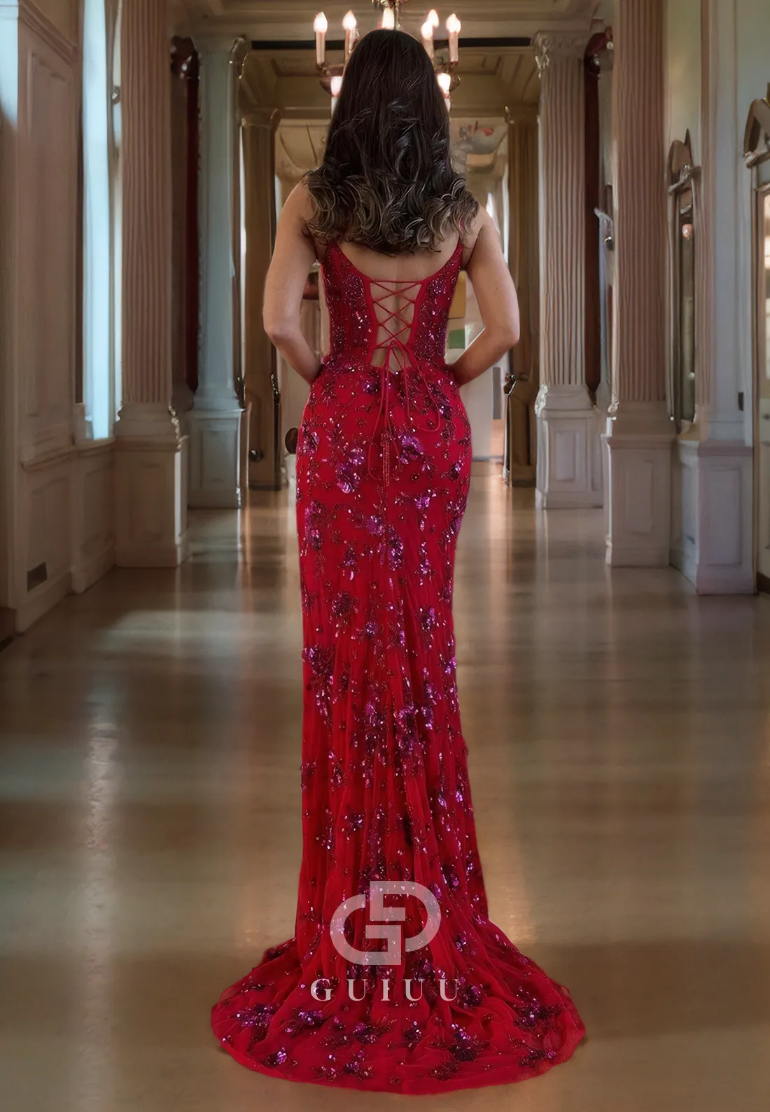 Sheath Strapless Straps Sleeveless Fully Sequins Long Prom Dress with High Side Slit and Train