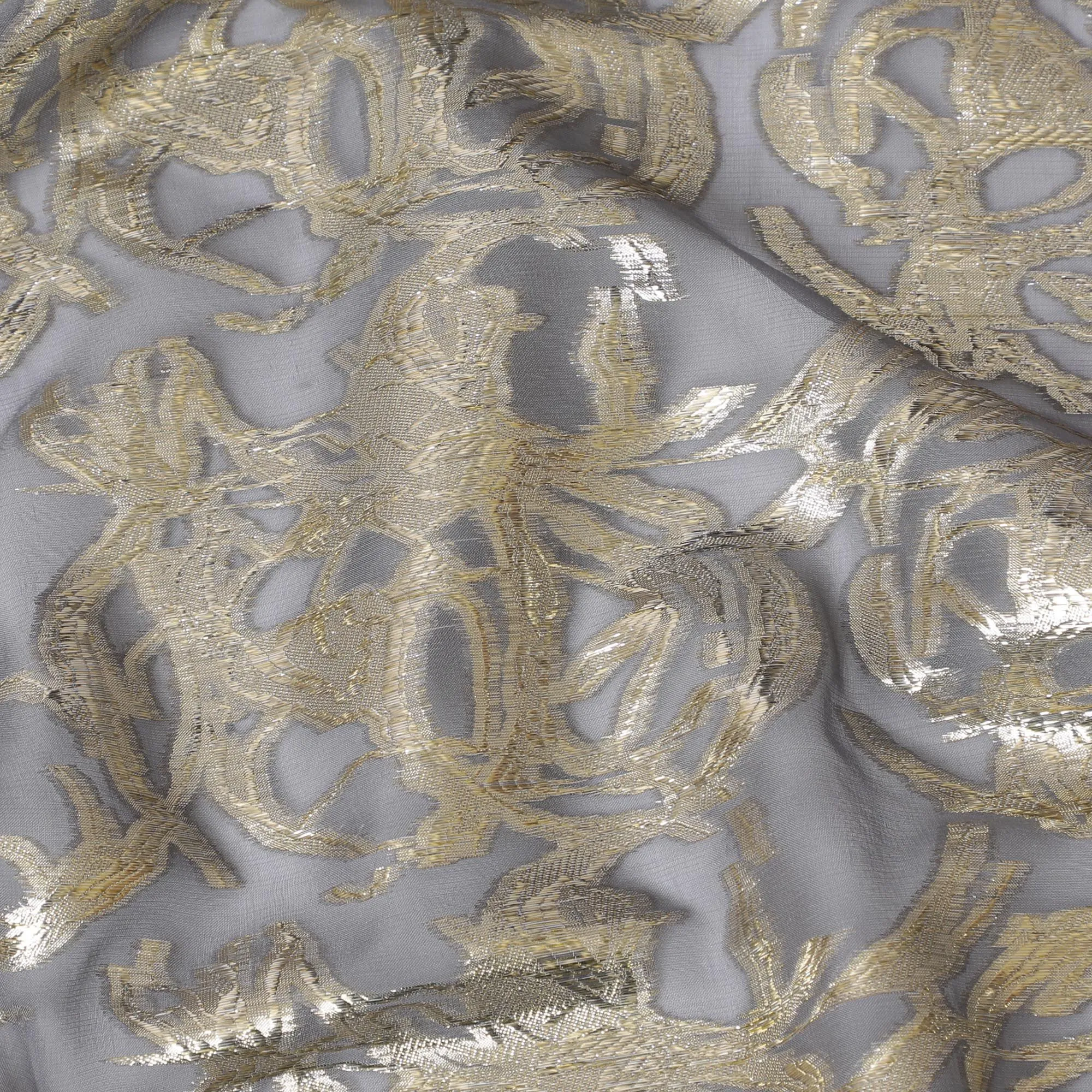 Silver Gray Pure Silk Chiffon with Gilded Lurex Detail, 110cm Width - Exquisitely Woven in South Korea-D17908