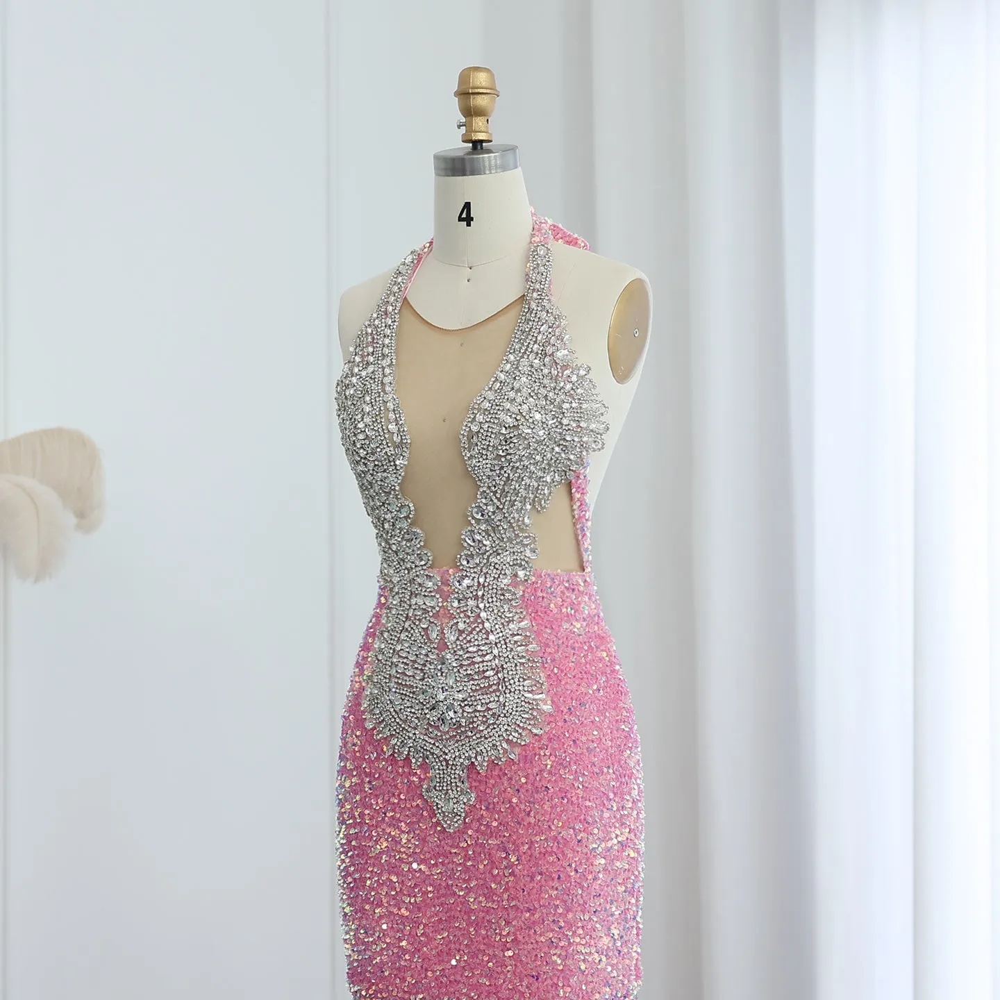 Sparkly Crystal Pink Sequined Halter Prom Dress RM056