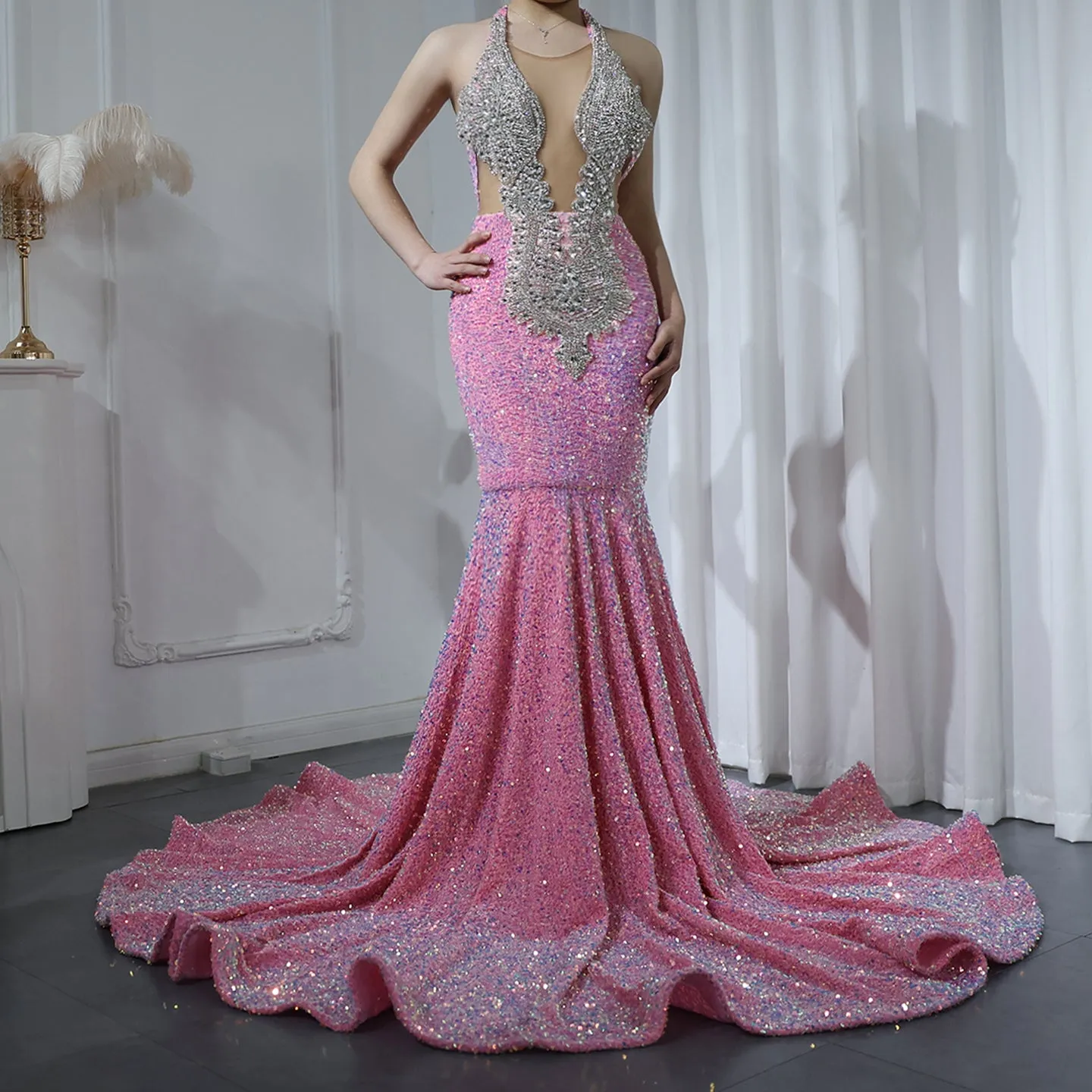 Sparkly Crystal Pink Sequined Halter Prom Dress RM056