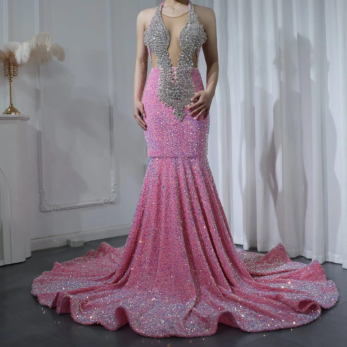 Sparkly Crystal Pink Sequined Halter Prom Dress RM056