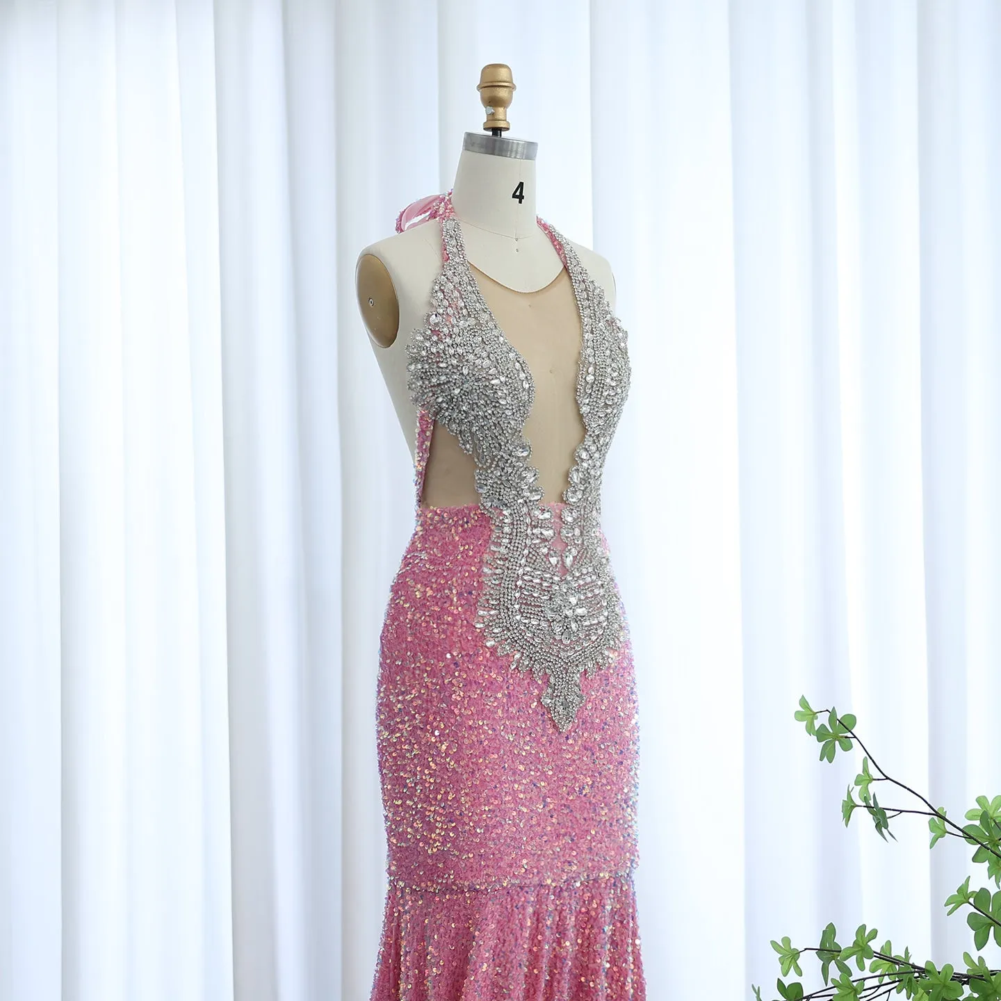 Sparkly Crystal Pink Sequined Halter Prom Dress RM056