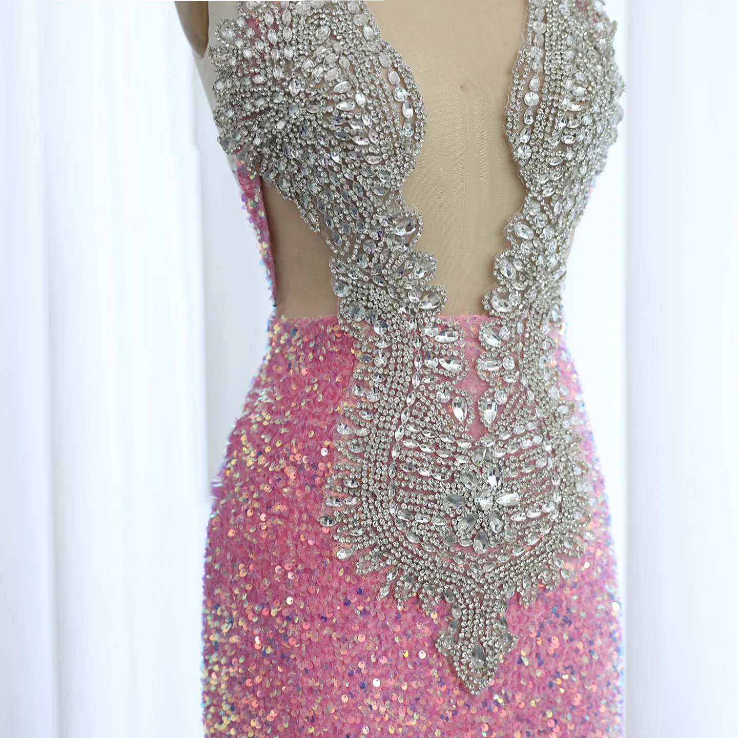 Sparkly Crystal Pink Sequined Halter Prom Dress RM056