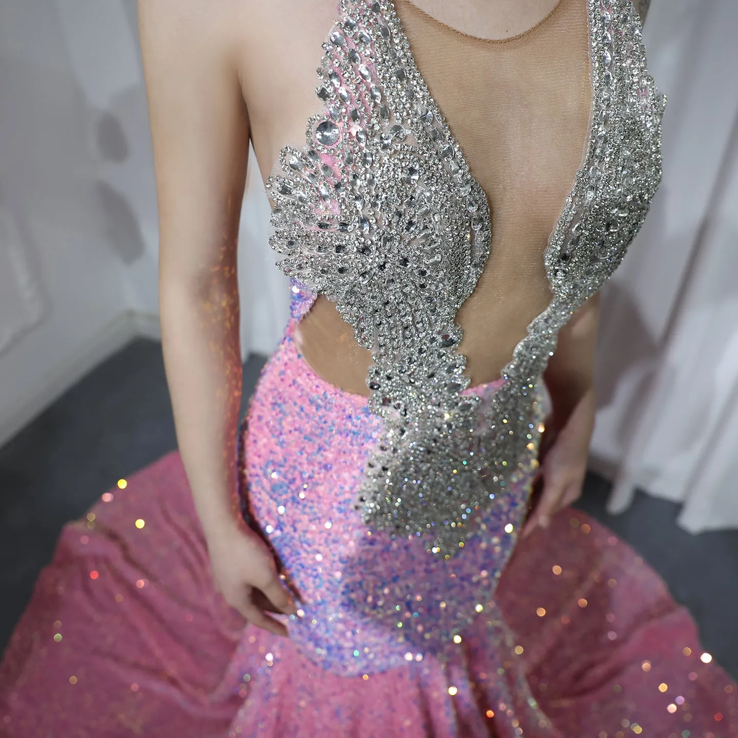 Sparkly Crystal Pink Sequined Halter Prom Dress RM056