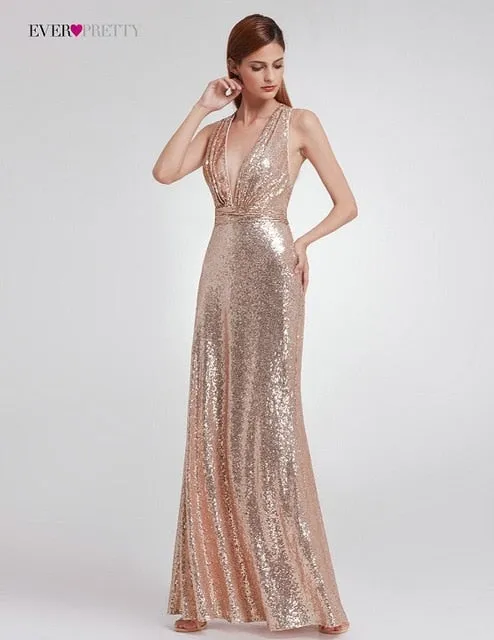 Straight Modern Sequined Evening Dress Ever Pretty EP07109 Women'S Sexy Long Deep V-Neck Sleeveless Shiny Party Dresses