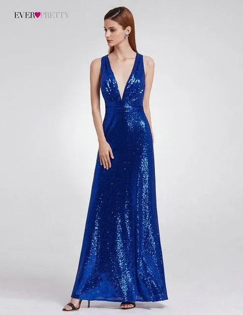 Straight Modern Sequined Evening Dress Ever Pretty EP07109 Women'S Sexy Long Deep V-Neck Sleeveless Shiny Party Dresses