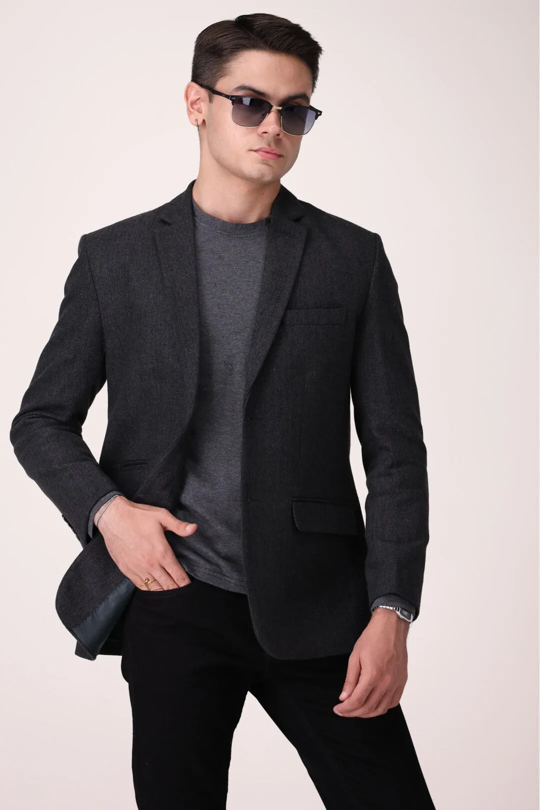 TEXTURED BLACK  COAT REGULAR FIT