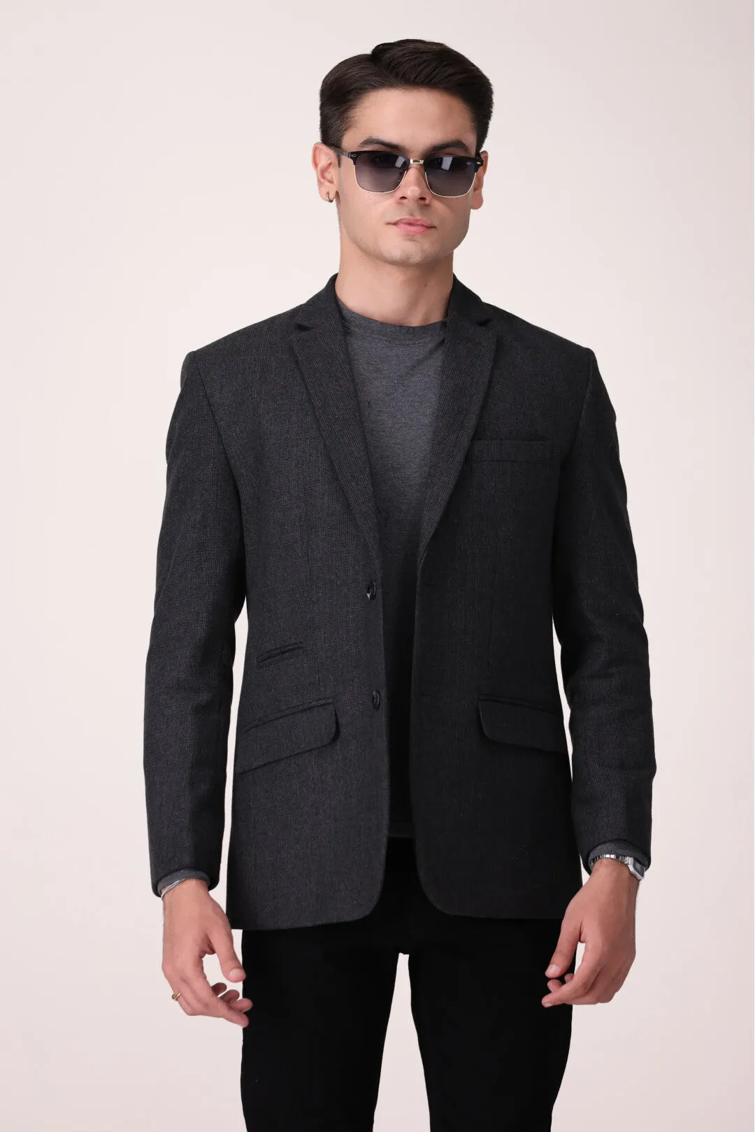 TEXTURED BLACK  COAT REGULAR FIT