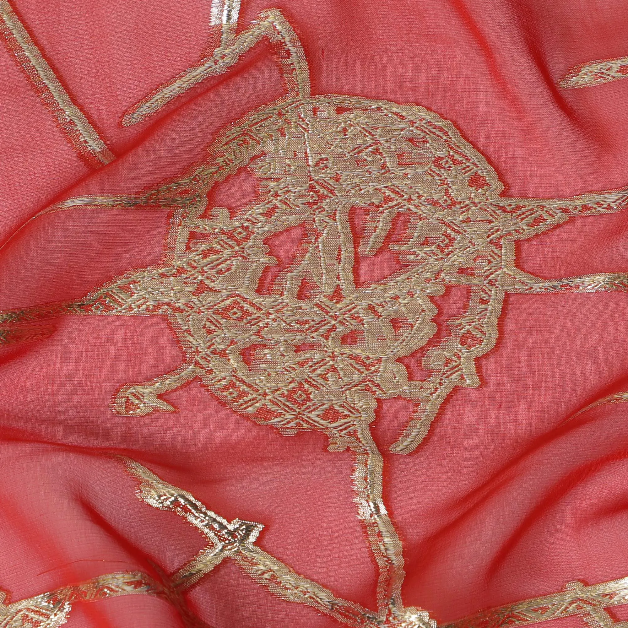 Vibrant Coral Silk Chiffon Fabric with Metallic Lurex, 110 cm Wide, South Korean Design-D19578