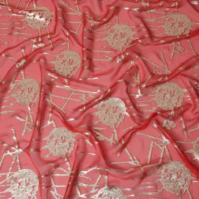 Vibrant Coral Silk Chiffon Fabric with Metallic Lurex, 110 cm Wide, South Korean Design-D19578