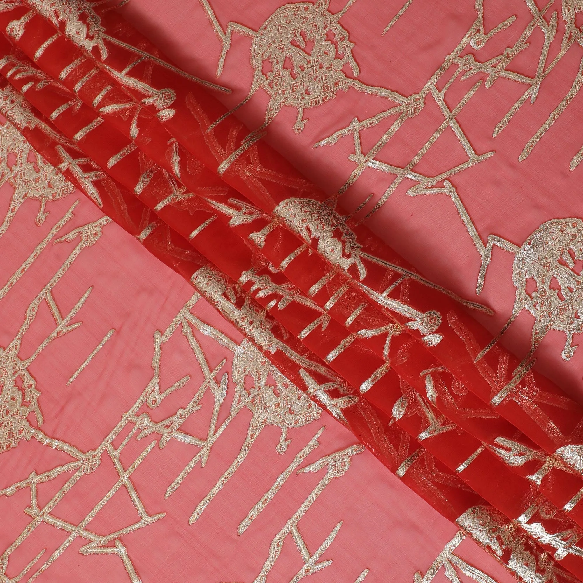 Vibrant Coral Silk Chiffon Fabric with Metallic Lurex, 110 cm Wide, South Korean Design-D19578