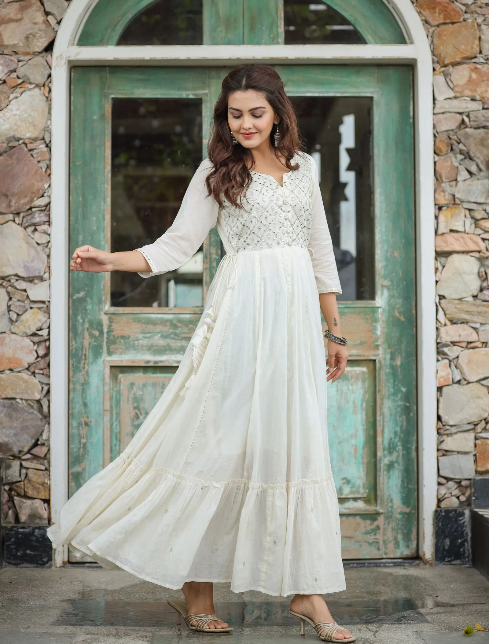 White Mirror Embroidered Ethnic Gown