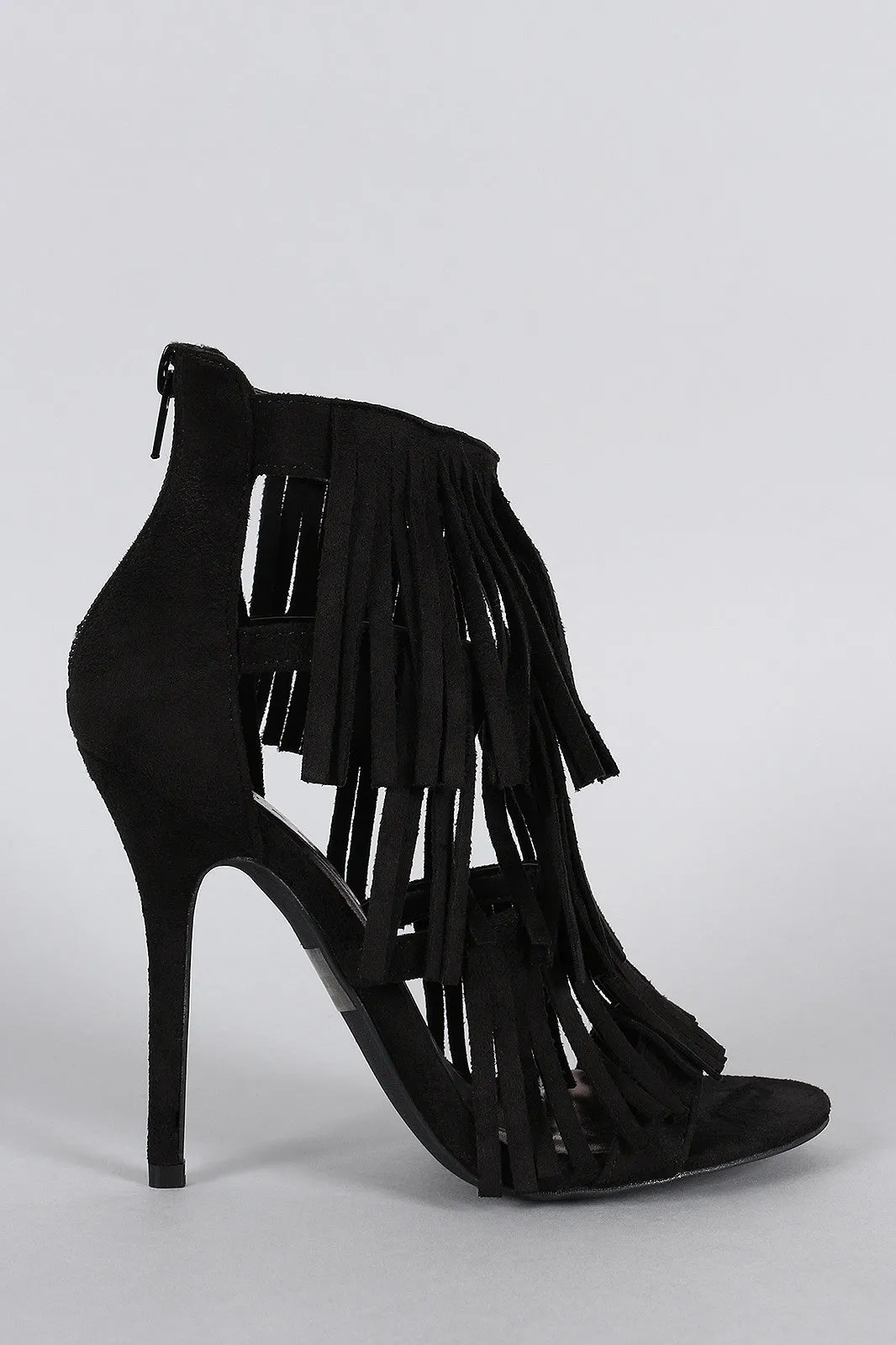 Wild Diva Lounge Faux Suede Layered Fringe Open Toe Heel