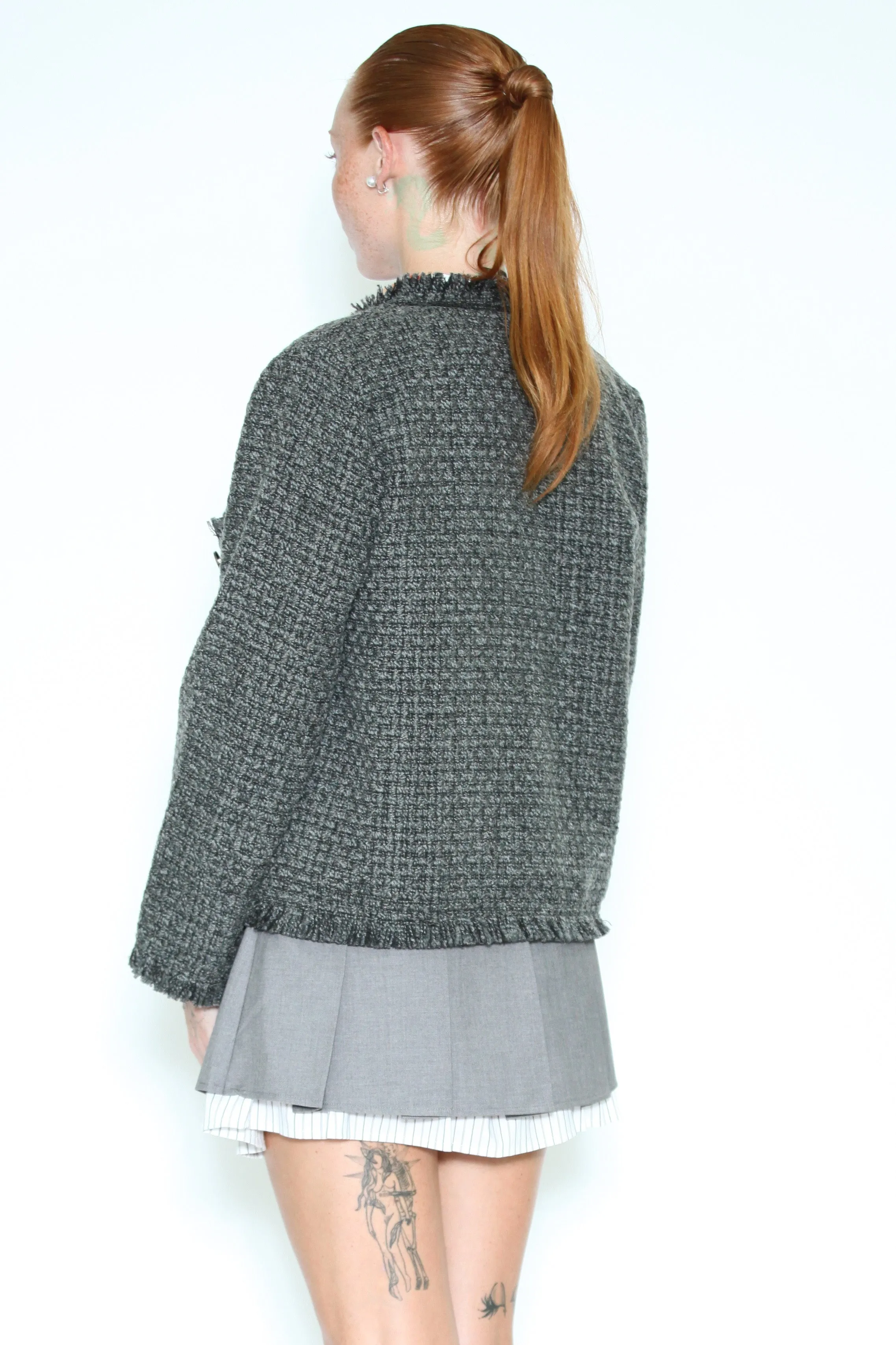 Wool Grey Tweed Frayed Blazer