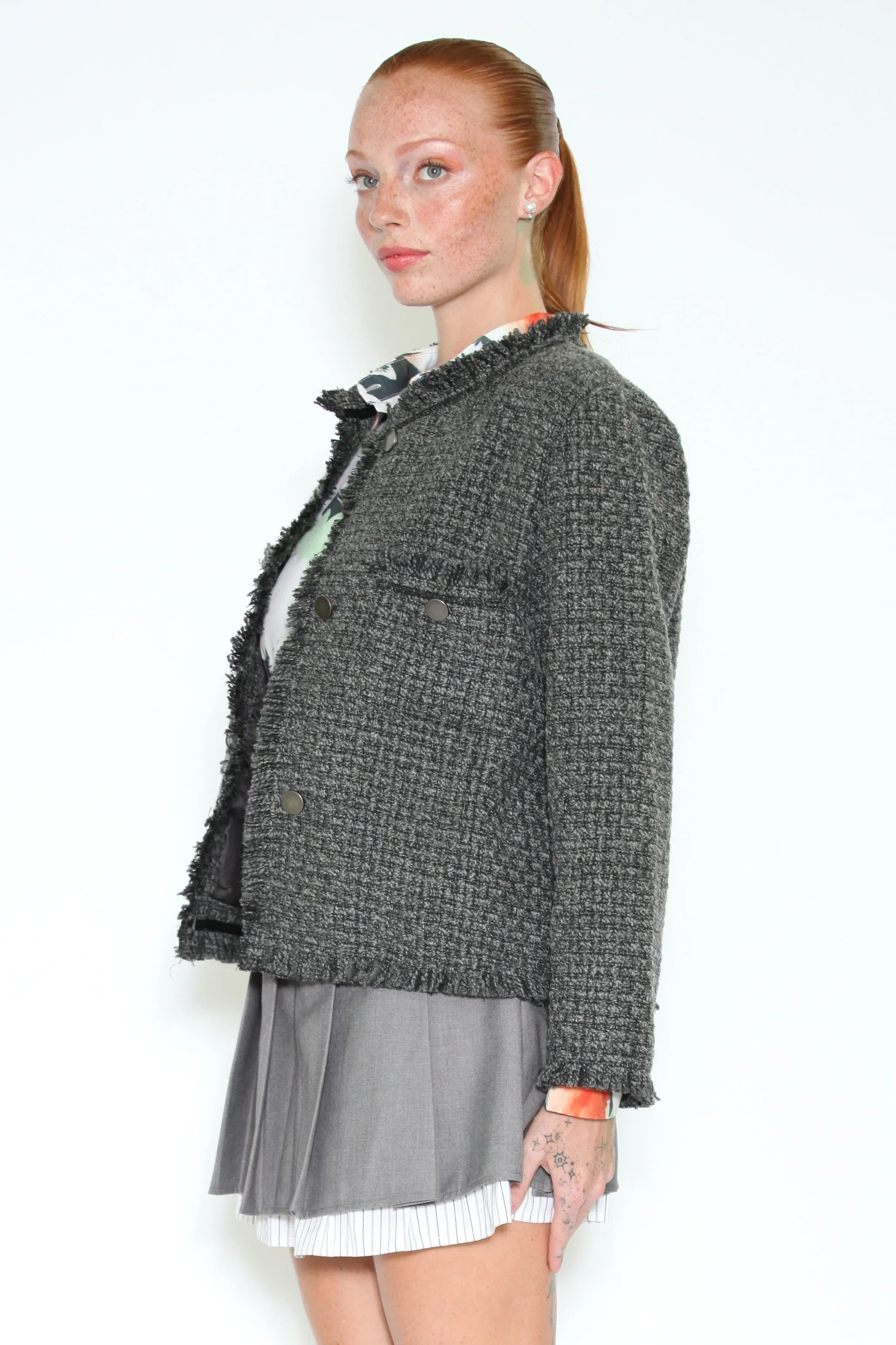 Wool Grey Tweed Frayed Blazer